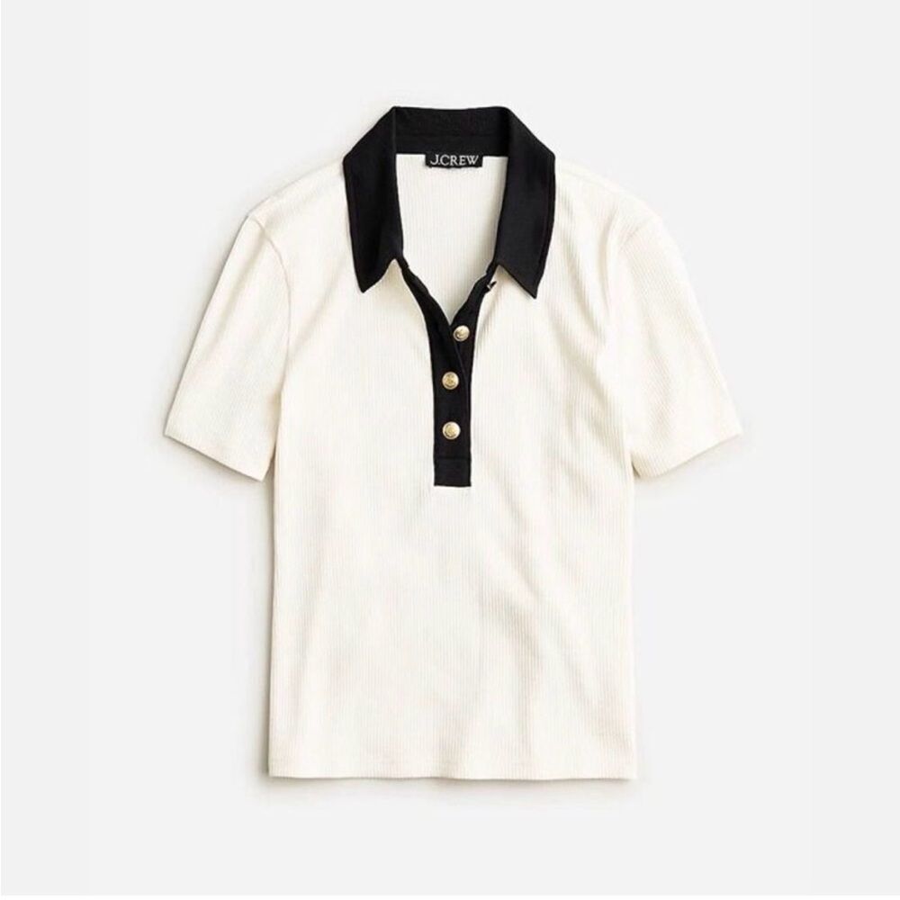 NWT J CREW Vintage rib polo T-shirt in ivory with black trim